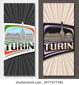 Vector vertical layouts for Turin, decorative leaflet with line illustration of historical turin city scape on day and dusk sky background, art design tourist card with unique letters for word turin