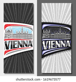 Vector vertical layouts for Vienna, decorative leaflet with draw illustration of famous Vienna City Hall and Maria vom Siege Church on day and night sky background, tourist voucher with word vienna.