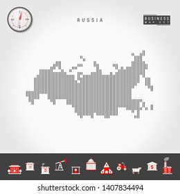 Vector Vertical Lines Pattern Map of Russia. Striped Simple Silhouette of Russian Federation. Realistic Vector Compass. Business Infographic Icons.