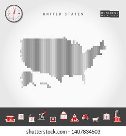 Vector Vertical Lines Pattern Map of United States. Striped Simple Silhouette of USA. Realistic Vector Compass. Business Infographic Icons.