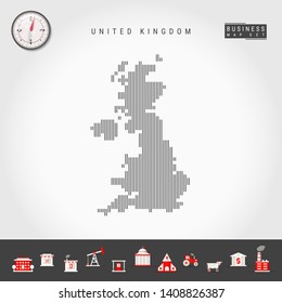 Vector Vertical Lines Pattern Map of United Kingdom. Striped Simple Silhouette of Great Britain. Realistic Vector Compass. Business Infographic Icons.