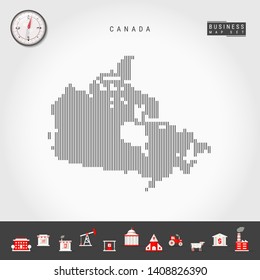 Vector Vertical Lines Pattern Map of Canada. Striped Simple Silhouette of Canada. Realistic Vector Compass. Business Infographic Icons.