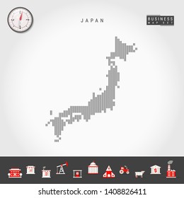 Vector Vertical Lines Pattern Map of Japan. Striped Simple Silhouette of Japan. Realistic Vector Compass. Business Infographic Icons.