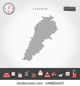 Vector Vertical Lines Pattern Map of Lebanon. Striped Simple Silhouette of Lebanon. Realistic Vector Compass. Business Infographic Icons.