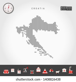 Vector Vertical Lines Pattern Map of Croatia. Striped Simple Silhouette of Croatia. Realistic Vector Compass. Business Infographic Icons.