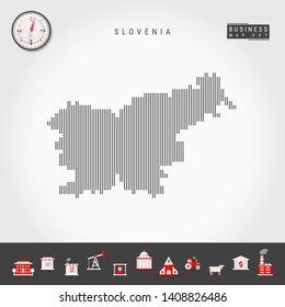 Vector Vertical Lines Pattern Map of Slovenia. Striped Simple Silhouette of Slovenia. Realistic Vector Compass. Business Infographic Icons.