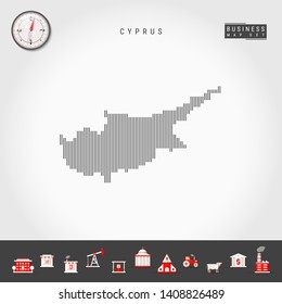 Vector Vertical Lines Pattern Map of Cyprus. Striped Simple Silhouette of Cyprus. Realistic Vector Compass. Business Infographic Icons.