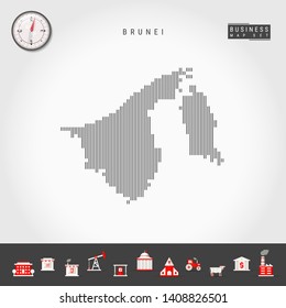 Vector Vertical Lines Pattern Map of Brunei. Striped Simple Silhouette of Brunei. Realistic Vector Compass. Business Infographic Icons.