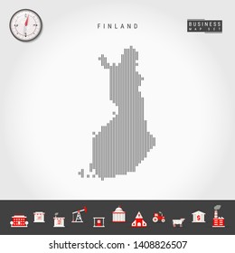 Vector Vertical Lines Pattern Map of Finland. Striped Simple Silhouette of Finland. Realistic Vector Compass. Business Infographic Icons.