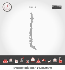 Vector Vertical Lines Pattern Map of Chile. Striped Simple Silhouette of Chile. Realistic Vector Compass. Business Infographic Icons.