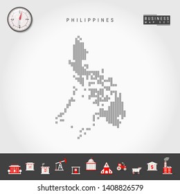 Vector Vertical Lines Pattern Map of Philippines. Striped Simple Silhouette of Philippines. Realistic Vector Compass. Business Infographic Icons.