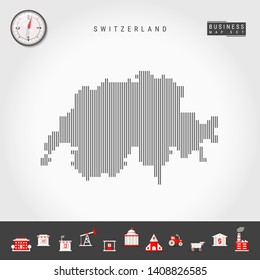 Vector Vertical Lines Pattern Map of Switzerland. Striped Simple Silhouette of Switzerland. Realistic Vector Compass. Business Infographic Icons.