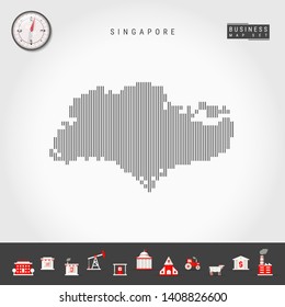 Vector Vertical Lines Pattern Map of Singapore. Striped Simple Silhouette of Singapore. Realistic Vector Compass. Business Infographic Icons.
