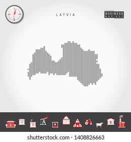 Vector Vertical Lines Pattern Map of Latvia. Striped Simple Silhouette of Latvia. Realistic Vector Compass. Business Infographic Icons.