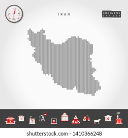 Vector Vertical Lines Pattern Map of Iran. Striped Simple Silhouette of Iran. Realistic Vector Compass. Business Infographic Icons.