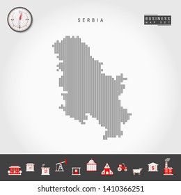 Vector Vertical Lines Pattern Map of Serbia. Striped Simple Silhouette of Serbia. Realistic Vector Compass. Business Infographic Icons.
