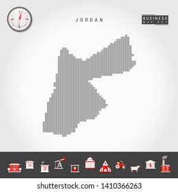 Vector Vertical Lines Pattern Map of Jordan. Striped Simple Silhouette of Jordan. Realistic Vector Compass. Business Infographic Icons.