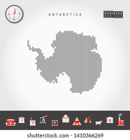 Vector Vertical Lines Pattern Map of Antarctica. Striped Simple Silhouette of Antarctica. Realistic Vector Compass. Business Infographic Icons.