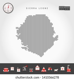 Vector Vertical Lines Pattern Map of Sierra Leone. Striped Simple Silhouette of Sierra Leone. Realistic Vector Compass. Business Infographic Icons.