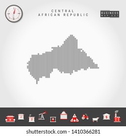 Vector Vertical Lines Pattern Map of Central African Republic. Striped Simple Silhouette. Realistic Vector Compass. Business Infographic Icons.