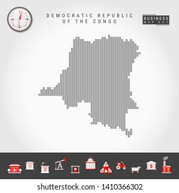 Vector Vertical Lines Pattern Map of Democratic Republic of the Congo. Striped Simple Silhouette. Realistic Compass. Business Infographic Icons.