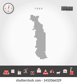 Vector Vertical Lines Pattern Map of Togo. Striped Simple Silhouette of Togo. Realistic Vector Compass. Business Infographic Icons.