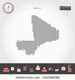 Vector Vertical Lines Pattern Map of Mali. Striped Simple Silhouette of Mali. Realistic Vector Compass. Business Infographic Icons.