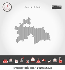 Vector Vertical Lines Pattern Map of Tajikistan. Striped Simple Silhouette of Tajikistan. Realistic Vector Compass. Business Infographic Icons.