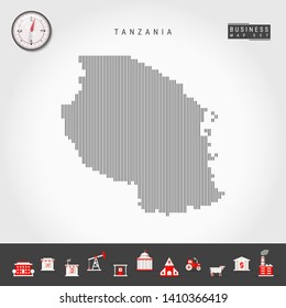 Vector Vertical Lines Pattern Map of Tanzania. Striped Simple Silhouette of Tanzania. Realistic Vector Compass. Business Infographic Icons.