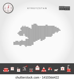 Vector Vertical Lines Pattern Map of Kyrgyzstan. Striped Simple Silhouette of Kyrgyzstan. Realistic Vector Compass. Business Infographic Icons.