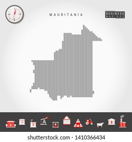 Vector Vertical Lines Pattern Map of Mauritania. Striped Simple Silhouette of Mauritania. Realistic Vector Compass. Business Infographic Icons.