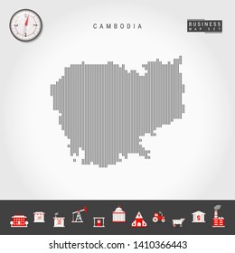 Vector Vertical Lines Pattern Map of Cambodia. Striped Simple Silhouette of Cambodia. Realistic Vector Compass. Business Infographic Icons.