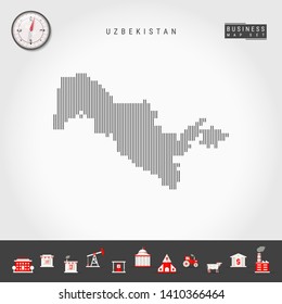 Vector Vertical Lines Pattern Map of Uzbekistan. Striped Simple Silhouette of Uzbekistan. Realistic Vector Compass. Business Infographic Icons.
