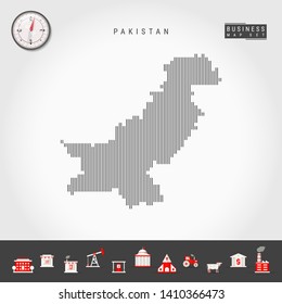 Vector Vertical Lines Pattern Map of Pakistan. Striped Simple Silhouette of Pakistan. Realistic Vector Compass. Business Infographic Icons.