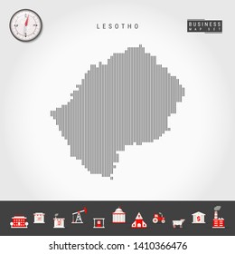 Vector Vertical Lines Pattern Map of Lesotho. Striped Simple Silhouette of Lesotho. Realistic Vector Compass. Business Infographic Icons.