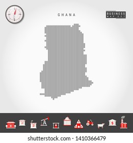 Vector Vertical Lines Pattern Map of Ghana. Striped Simple Silhouette of Ghana. Realistic Vector Compass. Business Infographic Icons.