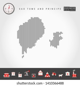 Vector Vertical Lines Pattern Map of Sao Tome and Principe. Striped Simple Silhouette. Realistic Vector Compass. Business Infographic Icons.