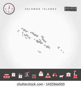 Vector Vertical Lines Pattern Map of Solomon Islands. Striped Simple Silhouette of Solomon Islands. Realistic Compass. Business Infographic Icons.