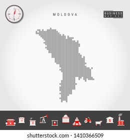 Vector Vertical Lines Pattern Map of Moldova. Striped Simple Silhouette of Moldova. Realistic Vector Compass. Business Infographic Icons.