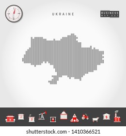 Vector Vertical Lines Pattern Map of Ukraine. Striped Simple Silhouette of Ukraine. Realistic Vector Compass. Business Infographic Icons.