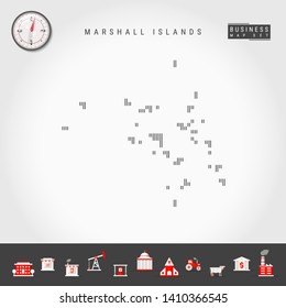 Vector Vertical Lines Pattern Map of Marshall Islands. Striped Simple Silhouette of Marshall Islands. Realistic Compass. Business Infographic Icons.