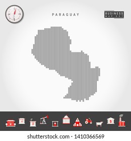Vector Vertical Lines Pattern Map of Paraguay. Striped Simple Silhouette of Paraguay. Realistic Vector Compass. Business Infographic Icons.