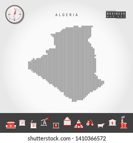 Vector Vertical Lines Pattern Map of Algeria. Striped Simple Silhouette of Algeria. Realistic Vector Compass. Business Infographic Icons.
