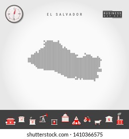 Vector Vertical Lines Pattern Map of El Salvador. Striped Simple Silhouette of El Salvador. Realistic Vector Compass. Business Infographic Icons.