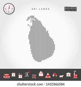 Vector Vertical Lines Pattern Map of Sri Lanka. Striped Simple Silhouette of Sri Lanka. Realistic Vector Compass. Business Infographic Icons.