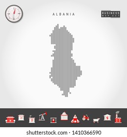 Vector Vertical Lines Pattern Map of Albania. Striped Simple Silhouette of Albania. Realistic Vector Compass. Business Infographic Icons.