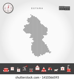 Vector Vertical Lines Pattern Map of Guyana. Striped Simple Silhouette of Guyana. Realistic Vector Compass. Business Infographic Icons.