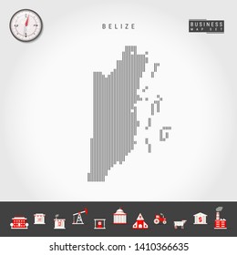 Vector Vertical Lines Pattern Map of Belize. Striped Simple Silhouette of Belize. Realistic Vector Compass. Business Infographic Icons.