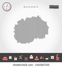 Vector Vertical Lines Pattern Map of North Macedonia. Striped Simple Silhouette of North Macedonia. Realistic Vector Compass. Business Infographic Icons.