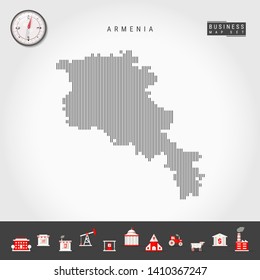 Vector Vertical Lines Pattern Map of Armenia. Striped Simple Silhouette of Armenia. Realistic Vector Compass. Business Infographic Icons.